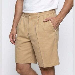 Men’s Lands’ End Khaki Pleated Linen Cotton Short 35 Classic Preppy Summer Golf